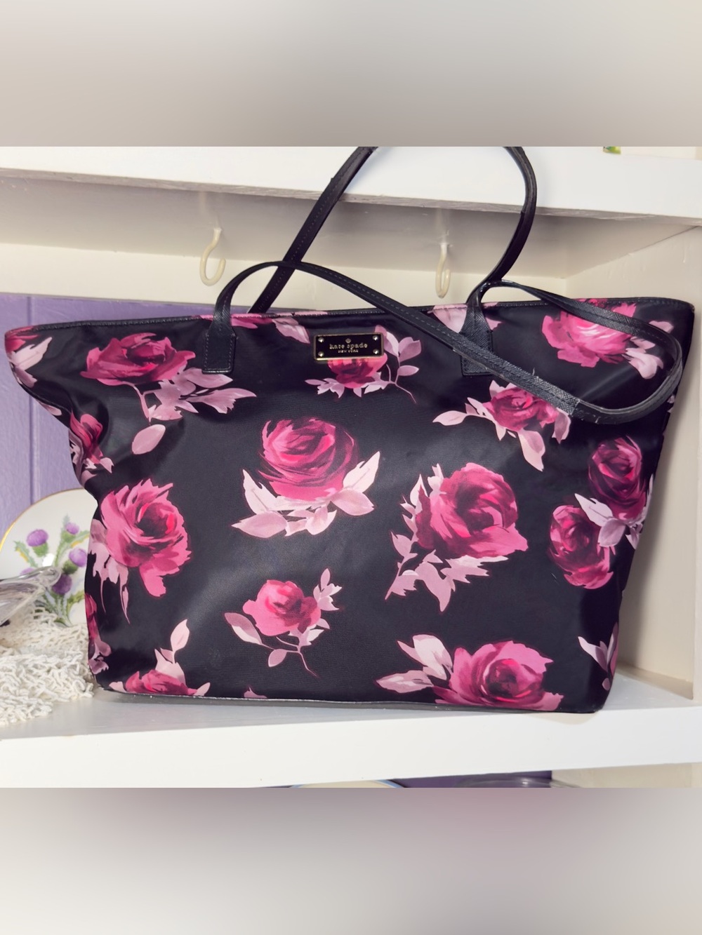 kate spade black tote with pink floral print Women’s bags